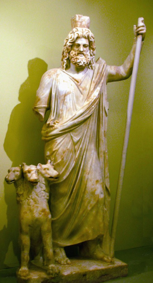 A statue of Hades and Cerberus. 