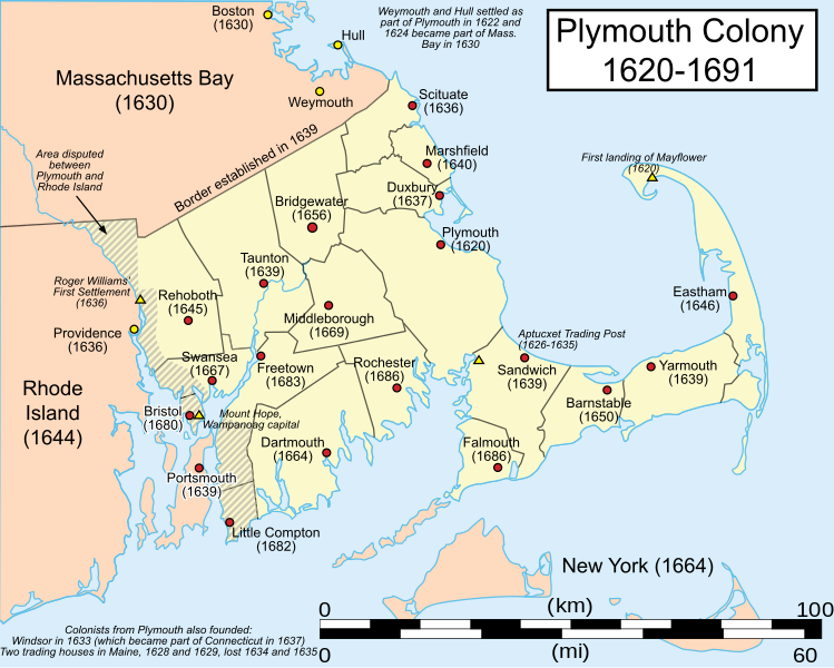 A map of the Plymouth Colony with town locations. 