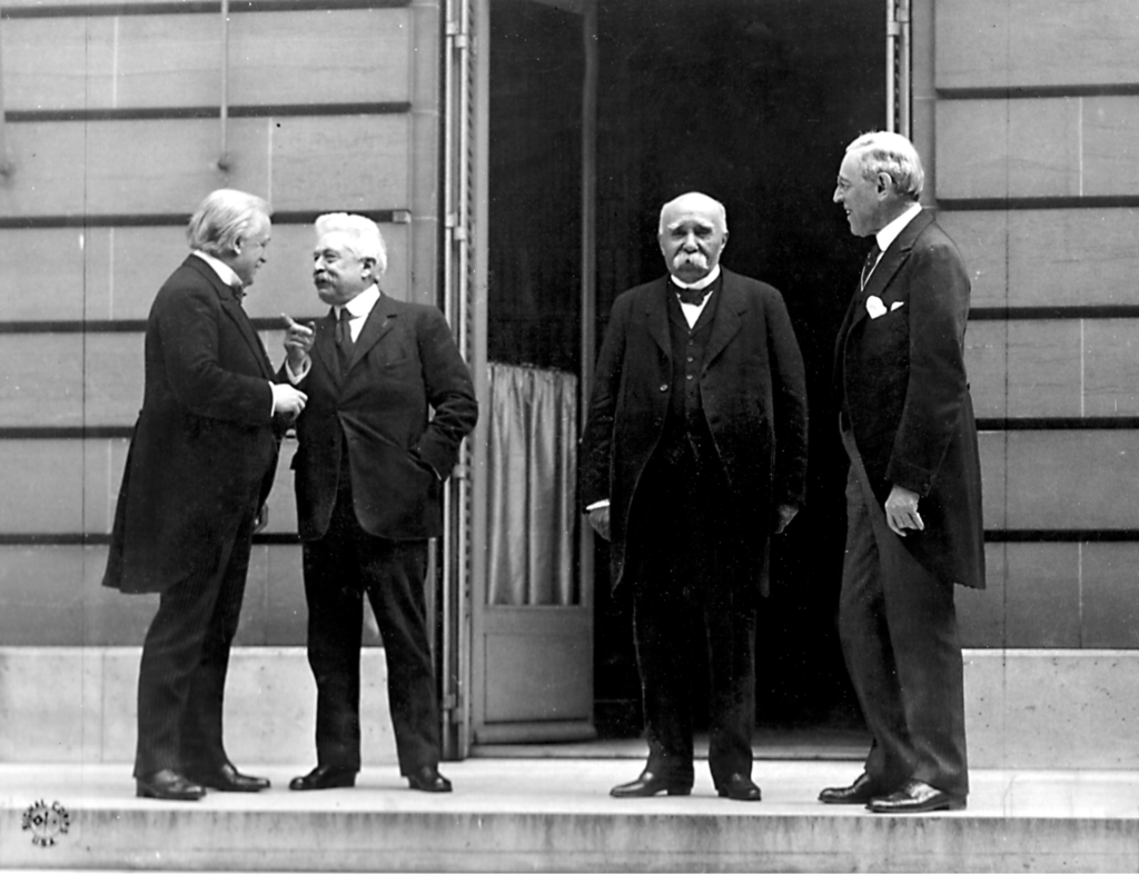 The League of Nations: Four world leaders drafting the Treaty of Versailles at the end of World War I.