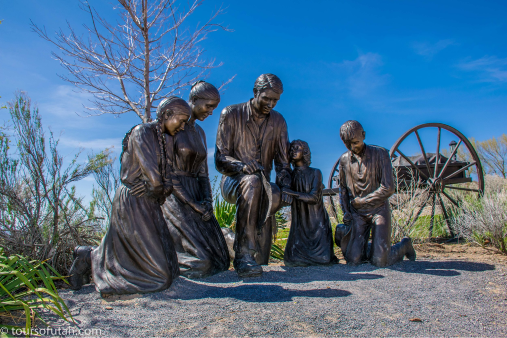The bronze statue in Heritage Park which represents the Mormon Trails.