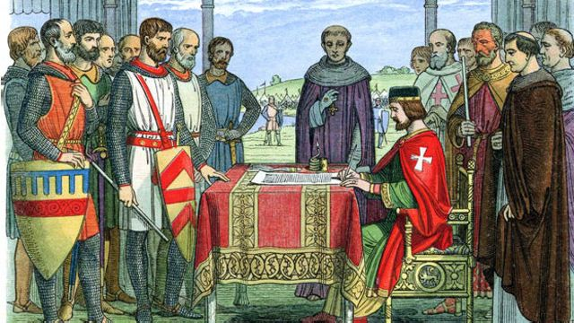 What is the Magna Carta? An historic  illustration of King John signing the document witnessed by the Barons.